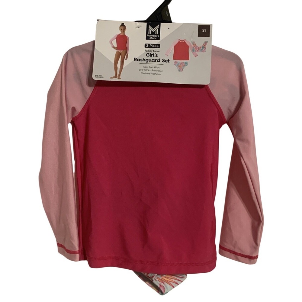 Girls Rash Guard Swimsuit Set 3T Pink UPF 50 Long Sleeve 2 Piece NWT